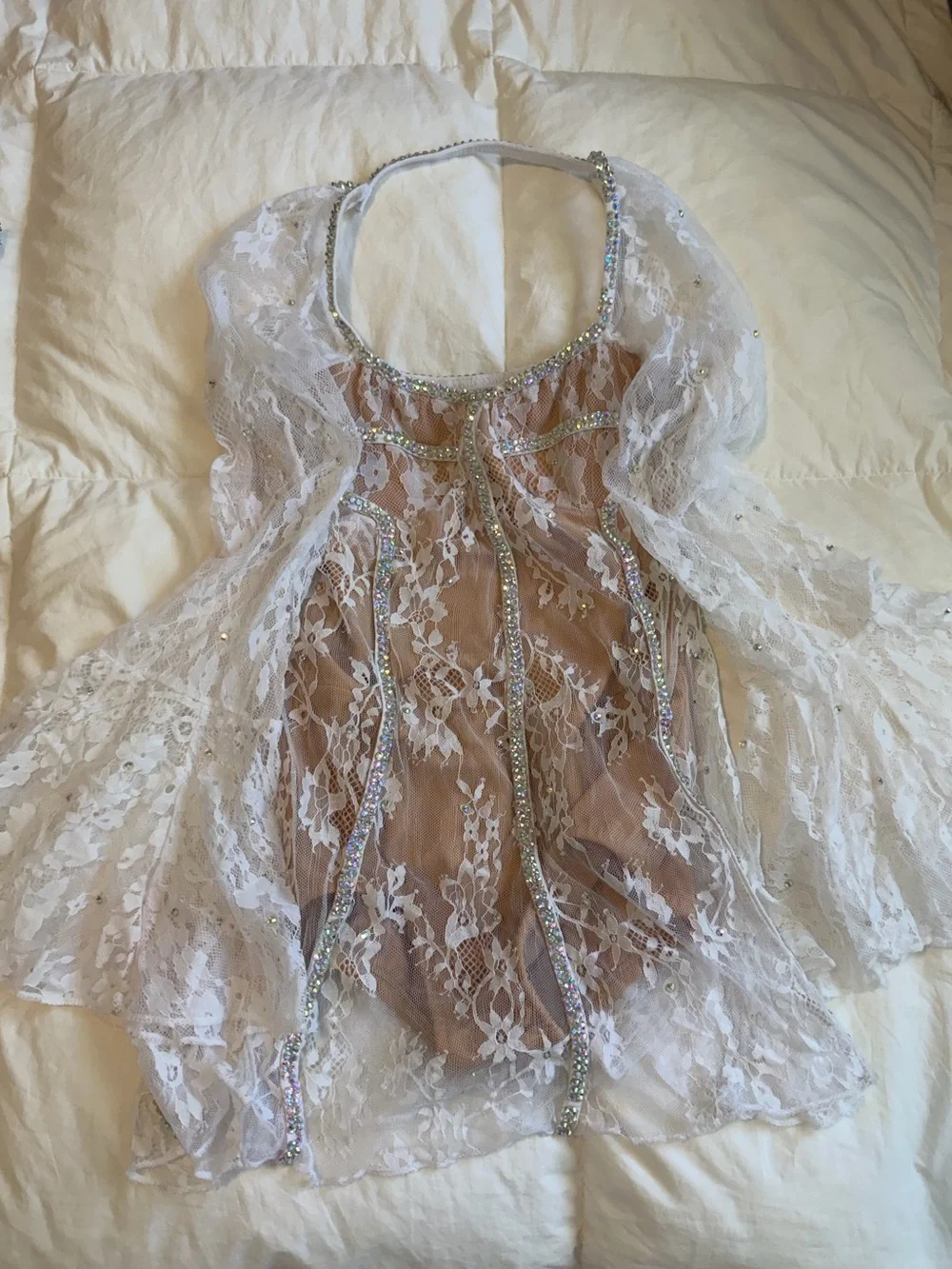 White Lace Sheer Halter Chemise with Beaded Trim
